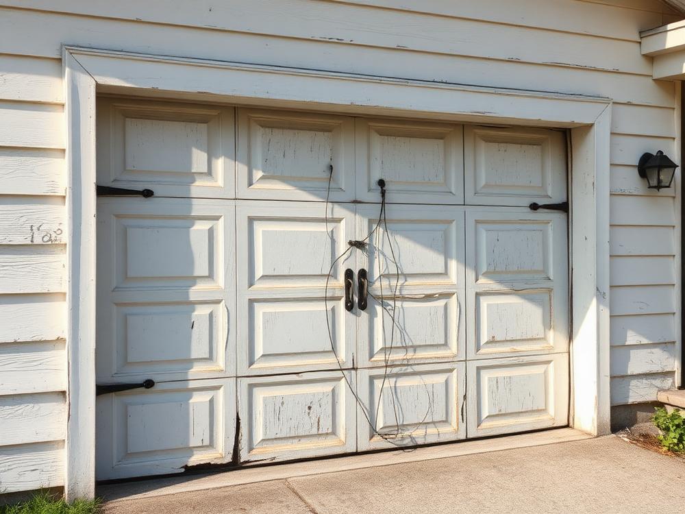 Weathered garage door before replacement