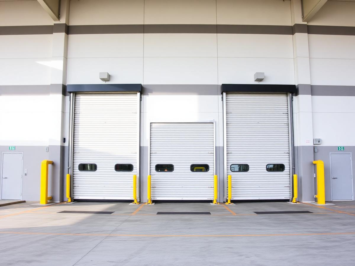Commercial rolling steel doors at a loading dock