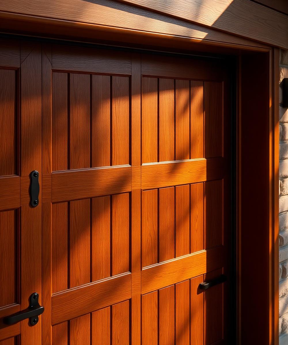 Wood-grain garage door detail in warm sunlight