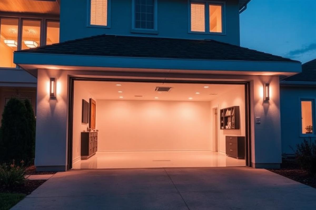 Open garage with warm interior lighting at dusk